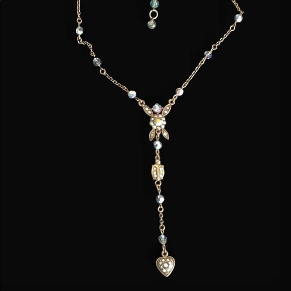 Vintage Kirk’s Folly AB Crystal floral heart pendant necklace 14” +2” extension - Picture 1 of 9